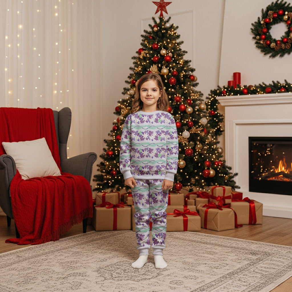 Monstera Tiare Plumeria Lei Pattern Christmas Pajama Set Purple Version LT01 Kid Purple - Polynesian Pride