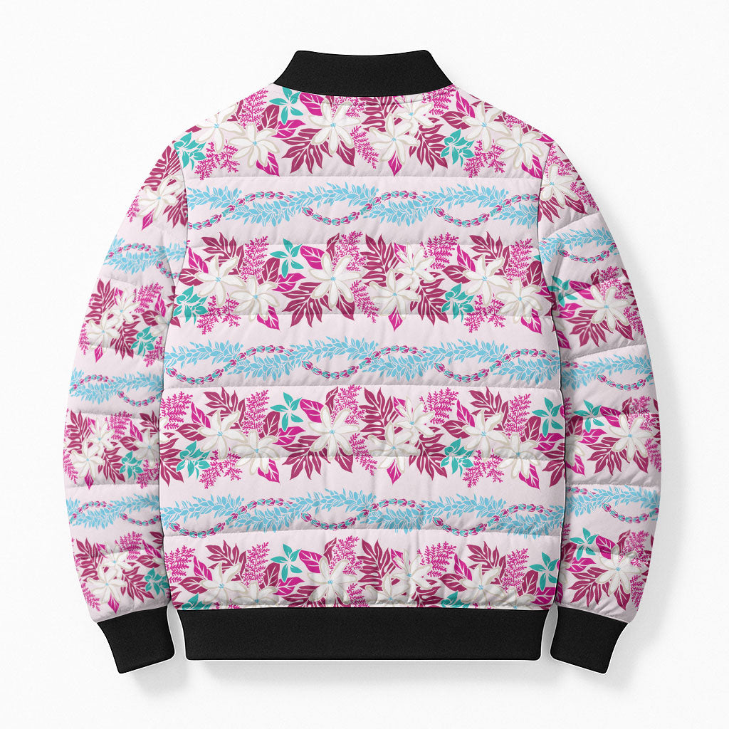Monstera Tiare Plumeria Lei Pattern Bomber Puffer Jacket Pink Version LT01 - Polynesian Pride