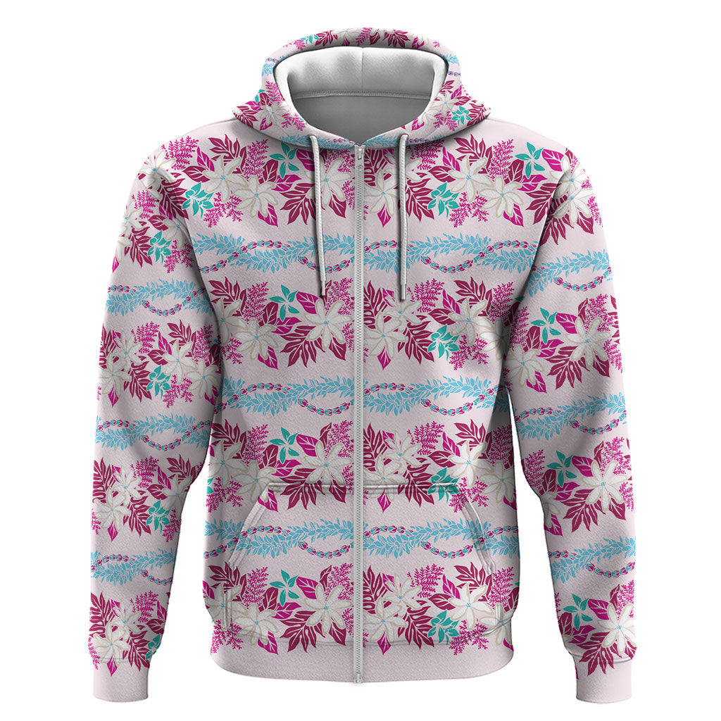 Monstera Tiare Plumeria Lei Pattern Hoodie Pink Version LT01 Zip Hoodie Pink - Polynesian Pride