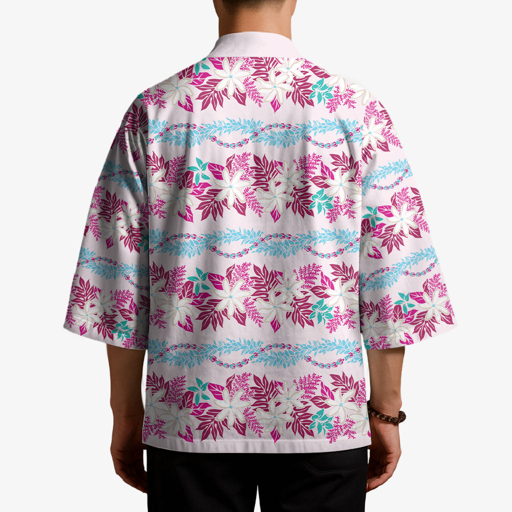 Monstera Tiare Plumeria Lei Pattern Kimono Pink Version LT01 - Polynesian Pride