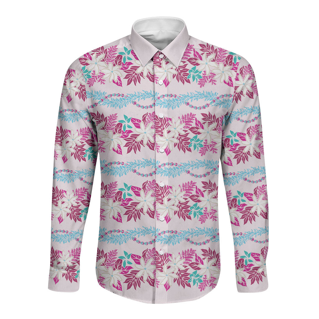 Monstera Tiare Plumeria Lei Pattern Long Sleeve Button Shirt Pink Version
