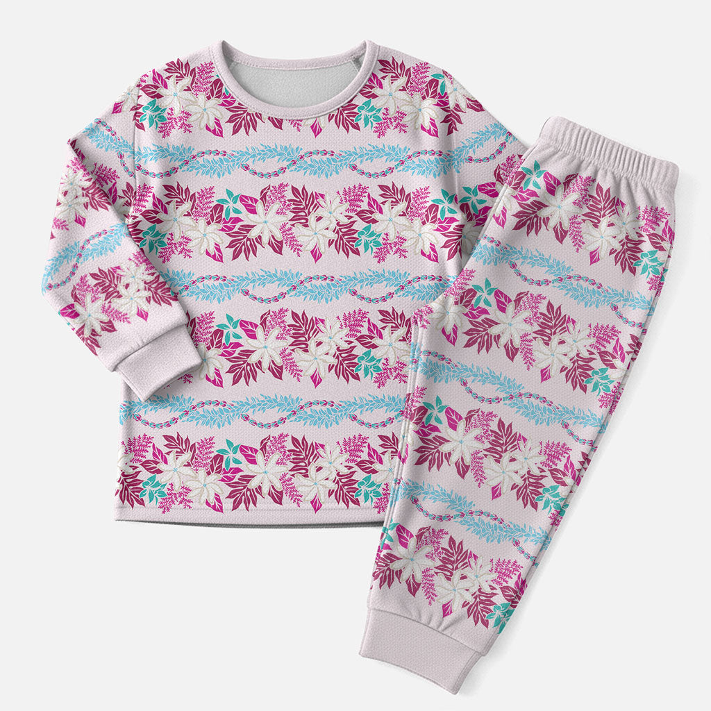 Monstera Tiare Plumeria Lei Pattern Christmas Pajama Set Pink Version