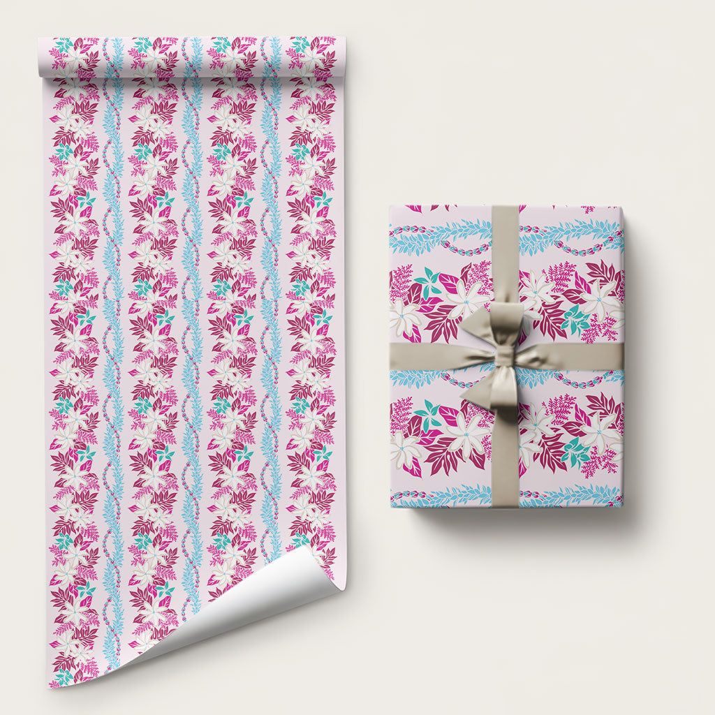 Monstera Tiare Plumeria Lei Pattern Wrapping Paper Pink Version LT01 58" × 23" Pink - Polynesian Pride