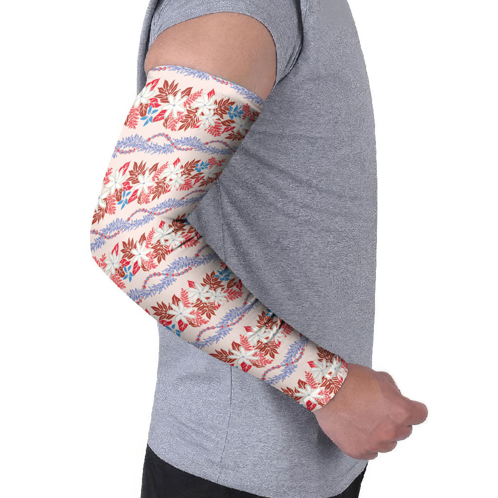 Monstera Tiare Plumeria Lei Pattern Arm Sleeves Red Version LT01 - Polynesian Pride