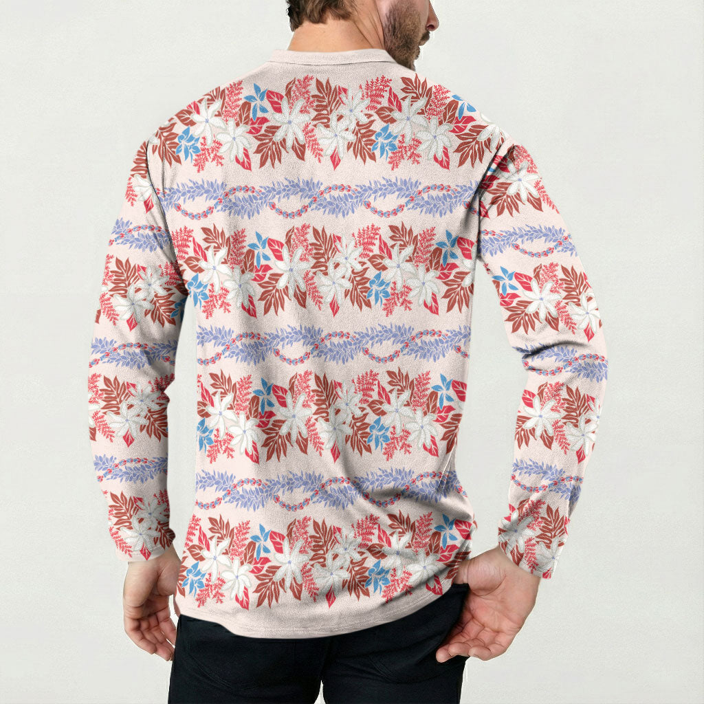 Monstera Tiare Plumeria Lei Pattern Button Sweatshirt Red Version LT01 - Polynesian Pride