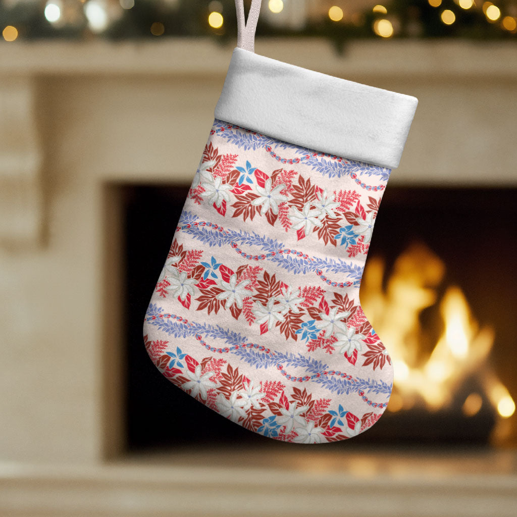 Monstera Tiare Plumeria Lei Pattern Christmas Stocking Red Version