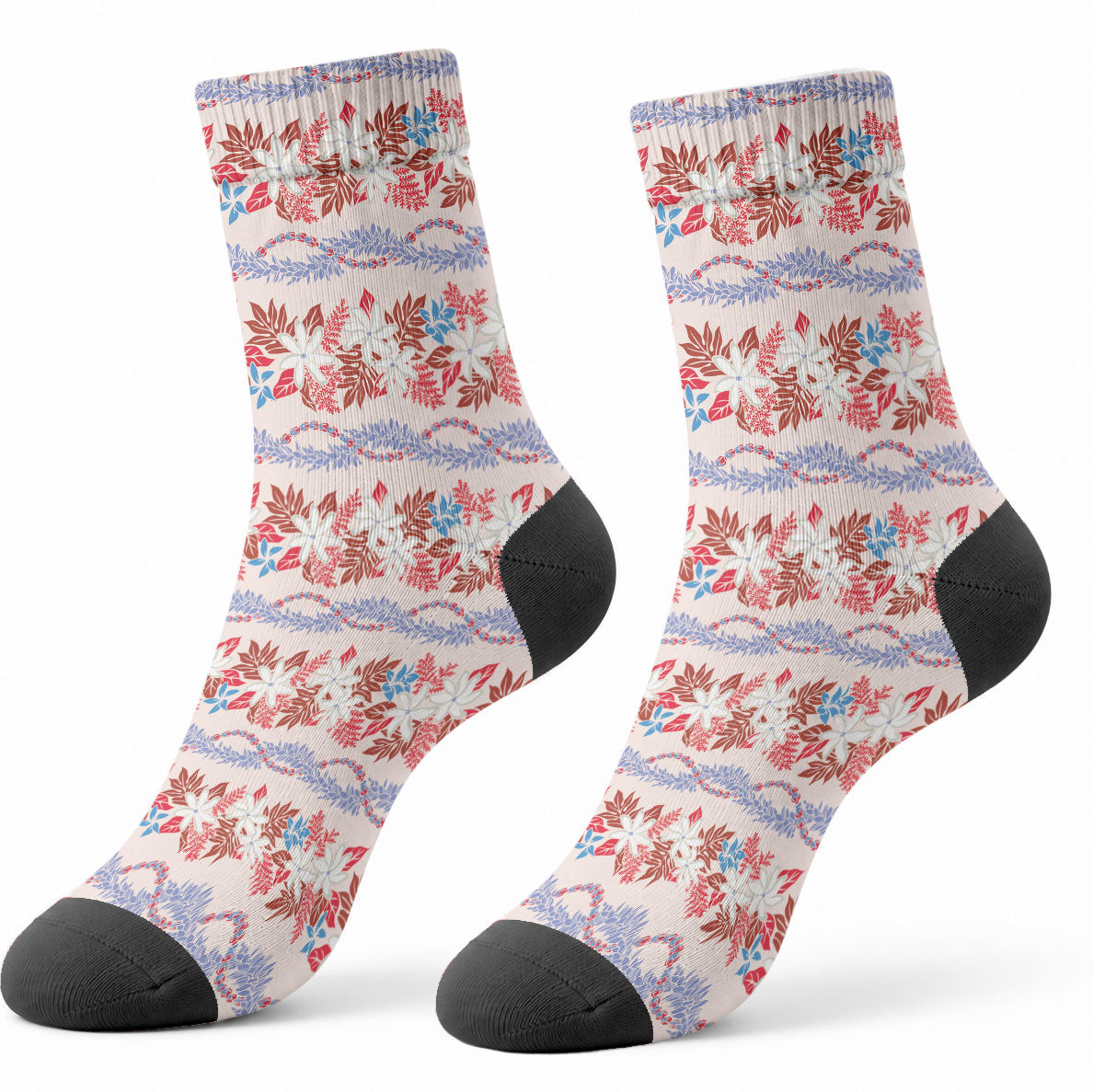 Monstera Tiare Plumeria Lei Pattern Crew Socks Red Version