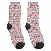 Monstera Tiare Plumeria Lei Pattern Crew Socks Red Version