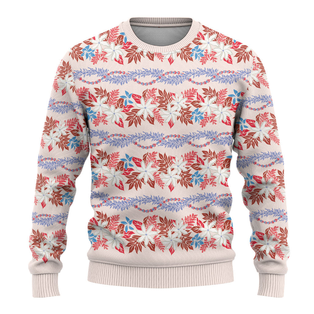 Monstera Tiare Plumeria Lei Pattern Ugly Christmas Sweater Red Version LT01 - Polynesian Pride