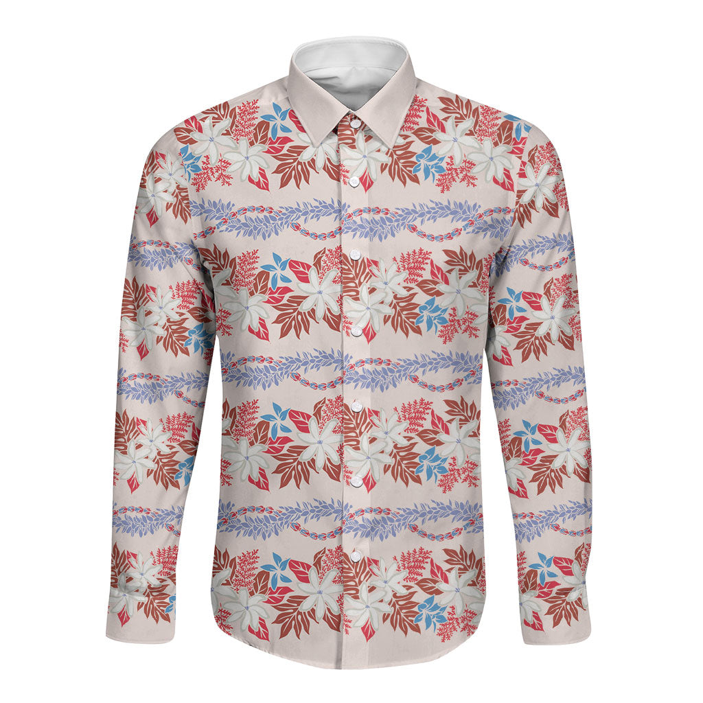 Monstera Tiare Plumeria Lei Pattern Long Sleeve Button Shirt Red Version