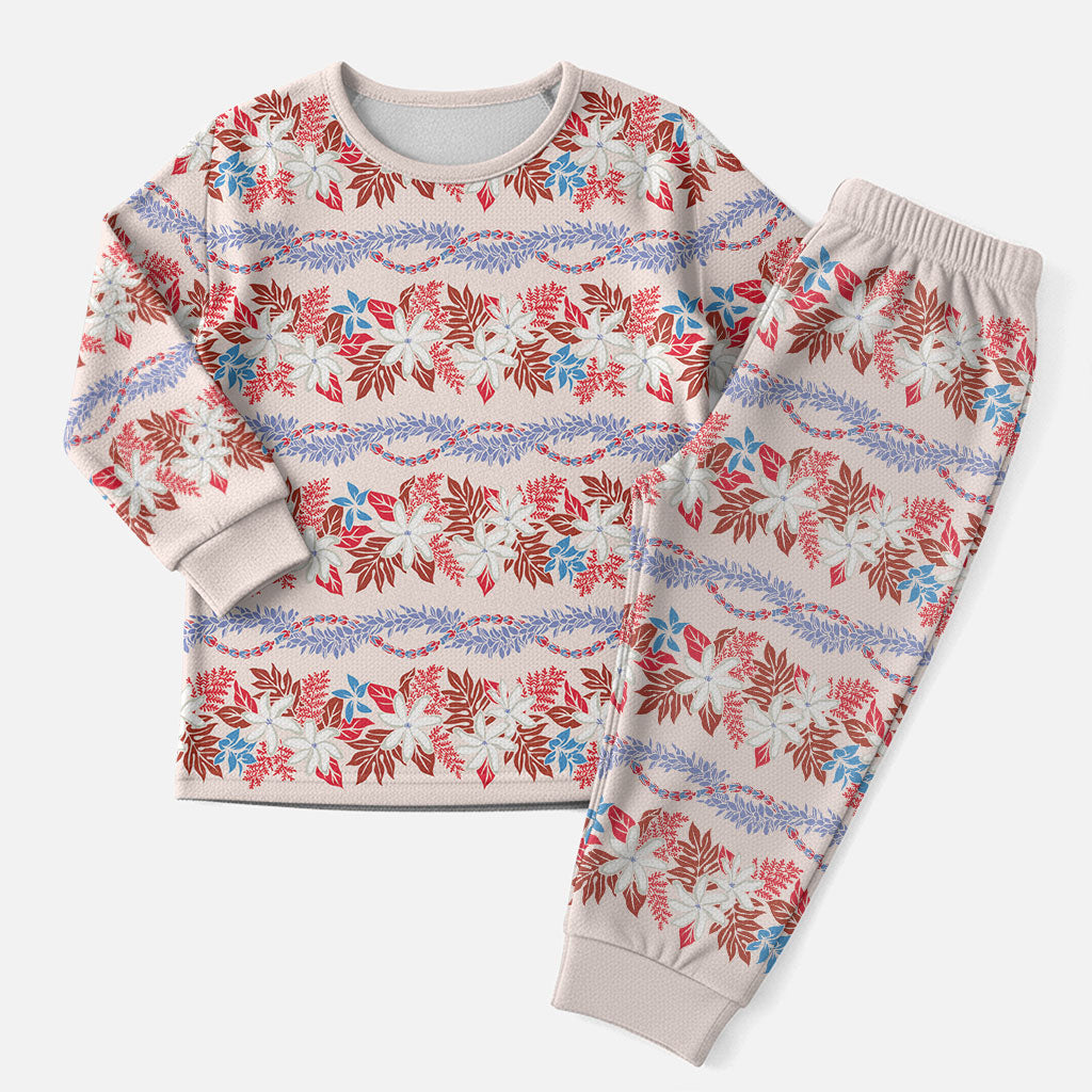 Monstera Tiare Plumeria Lei Pattern Christmas Pajama Set Red Version