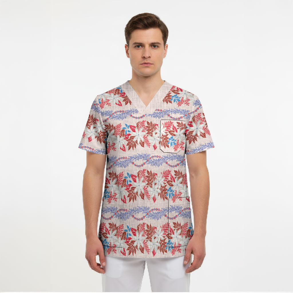 Monstera Tiare Plumeria Lei Pattern Scrub Top Red Version LT01 - Polynesian Pride