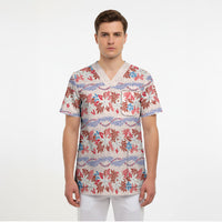 Monstera Tiare Plumeria Lei Pattern Scrub Top Red Version LT01 - Polynesian Pride