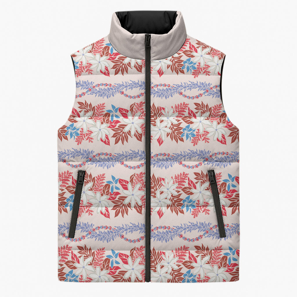 Monstera Tiare Plumeria Lei Pattern Sleeveless Puffer Jacket Red Version