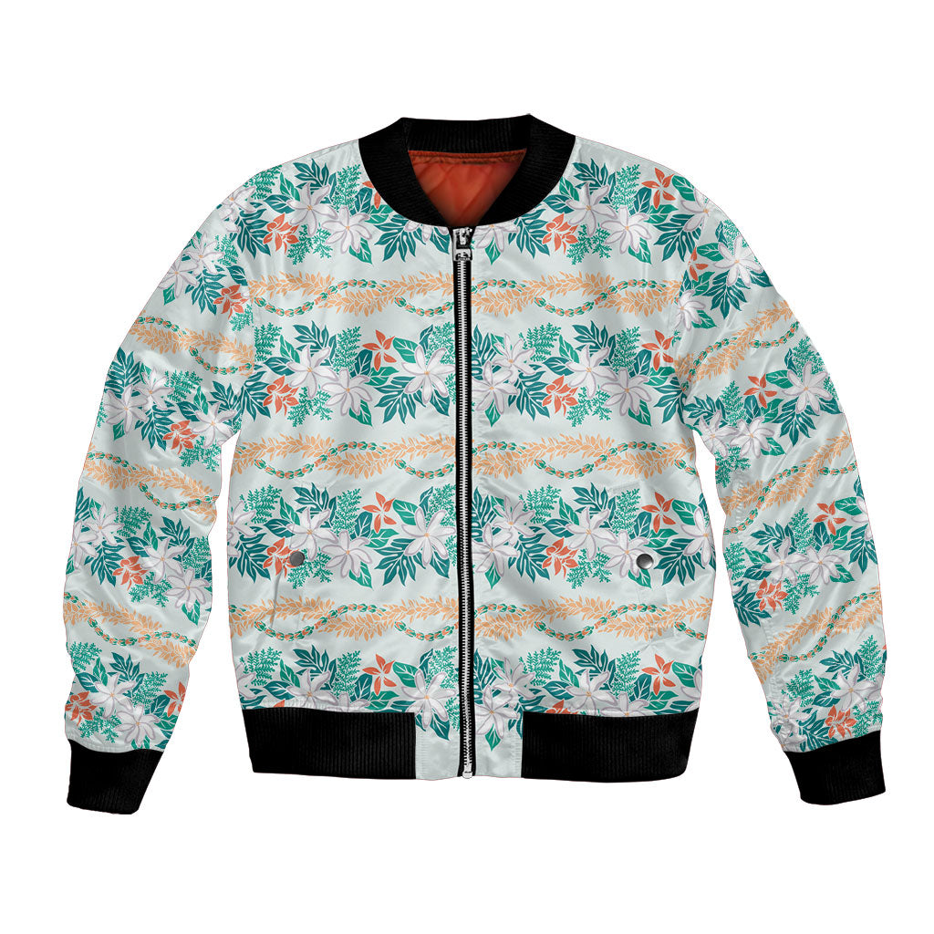 Monstera Tiare Plumeria Lei Pattern Bomber Jacket Teal Version LT01 Unisex Teal - Polynesian Pride