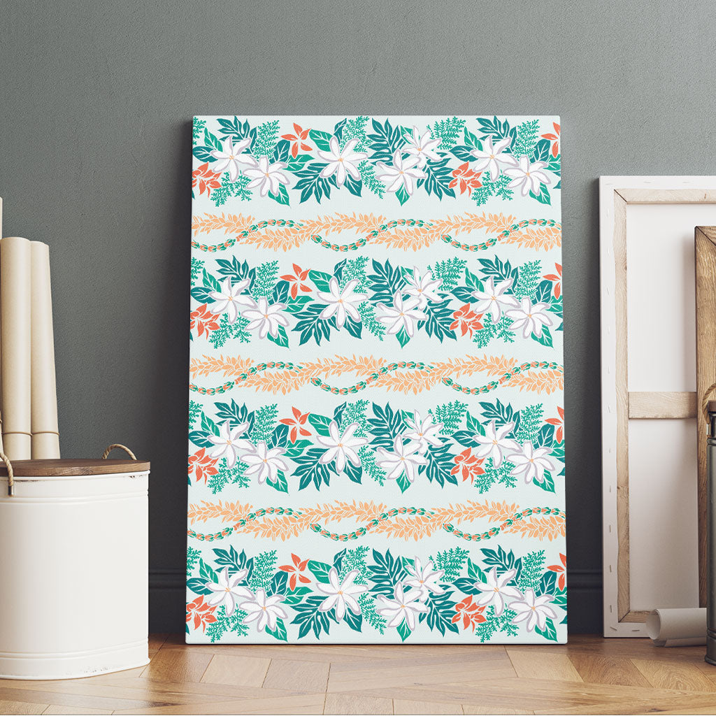 Monstera Tiare Plumeria Lei Pattern Canvas Wall Art Teal Version LT01 - Polynesian Pride