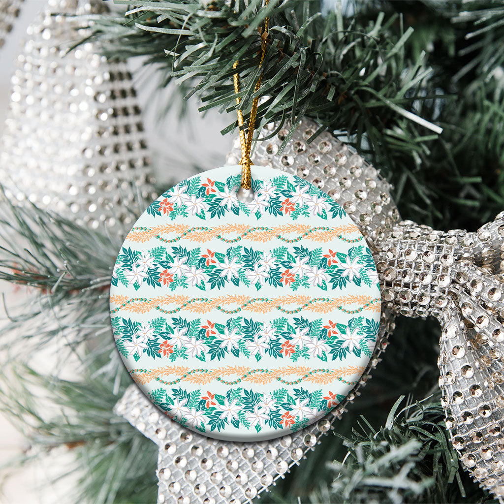 Monstera Tiare Plumeria Lei Pattern Ceramic Ornament Teal Version LT01 - Polynesian Pride