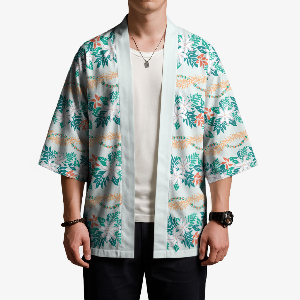 Monstera Tiare Plumeria Lei Pattern Kimono Teal Version LT01 - Polynesian Pride
