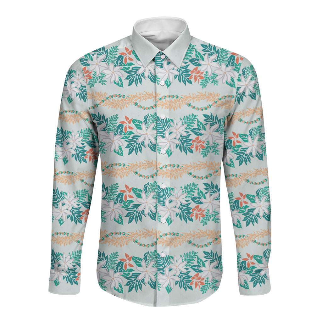 Monstera Tiare Plumeria Lei Pattern Long Sleeve Button Shirt Teal Version