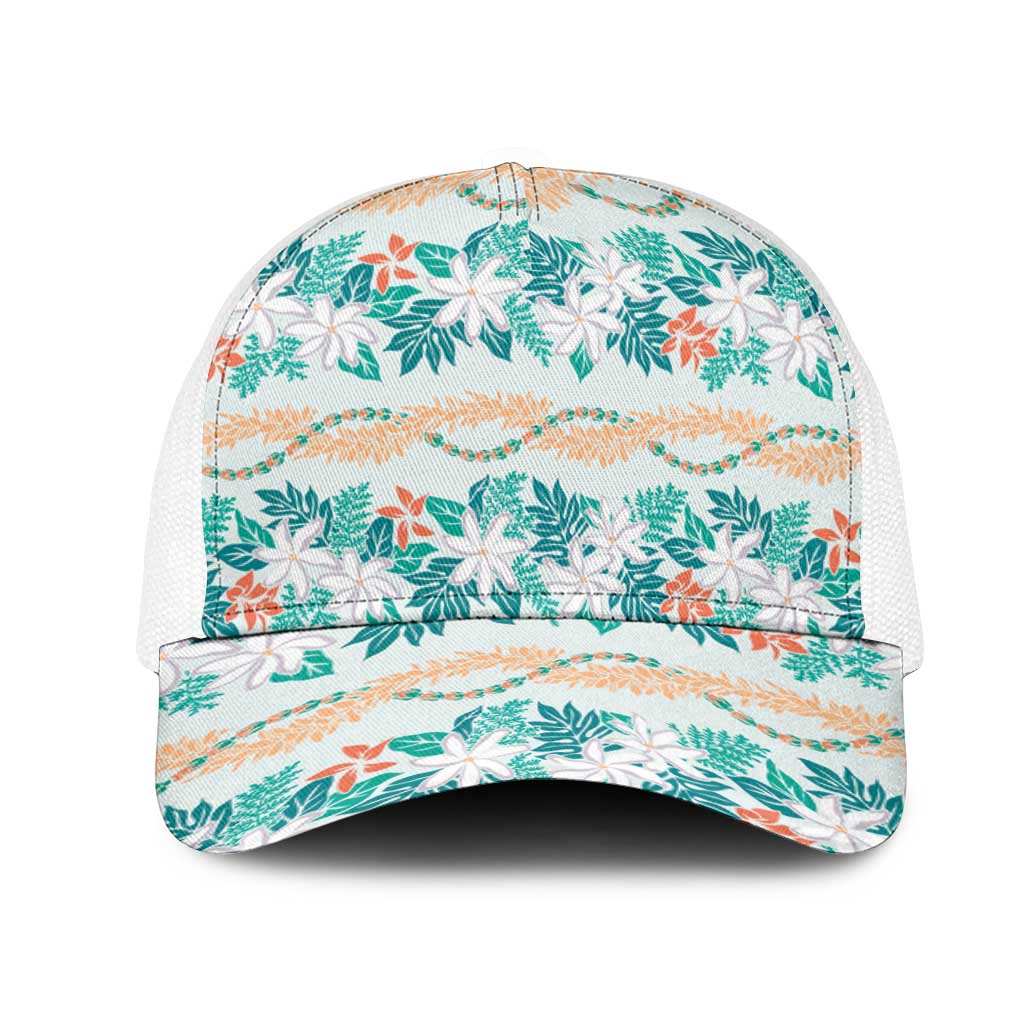 Monstera Tiare Plumeria Lei Pattern Mesh Trucker Cap Teal Version LT01 One Size White Teal - Polynesian Pride