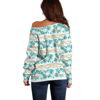 Monstera Tiare Plumeria Lei Pattern Off Shoulder Sweater Teal Version LT01 - Polynesian Pride
