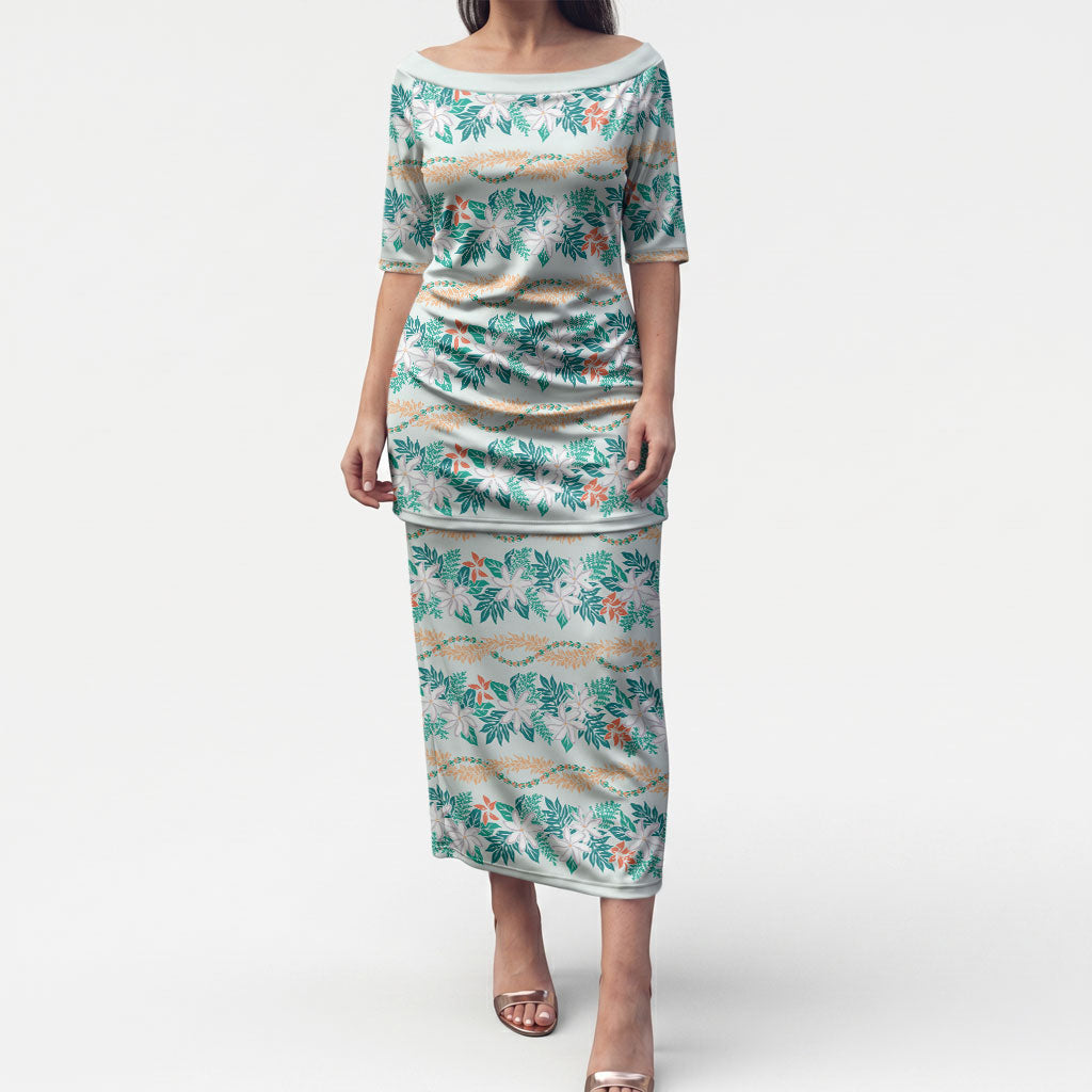 Monstera Tiare Plumeria Lei Pattern Puletasi Teal Version LT01 Long Dress Teal - Polynesian Pride