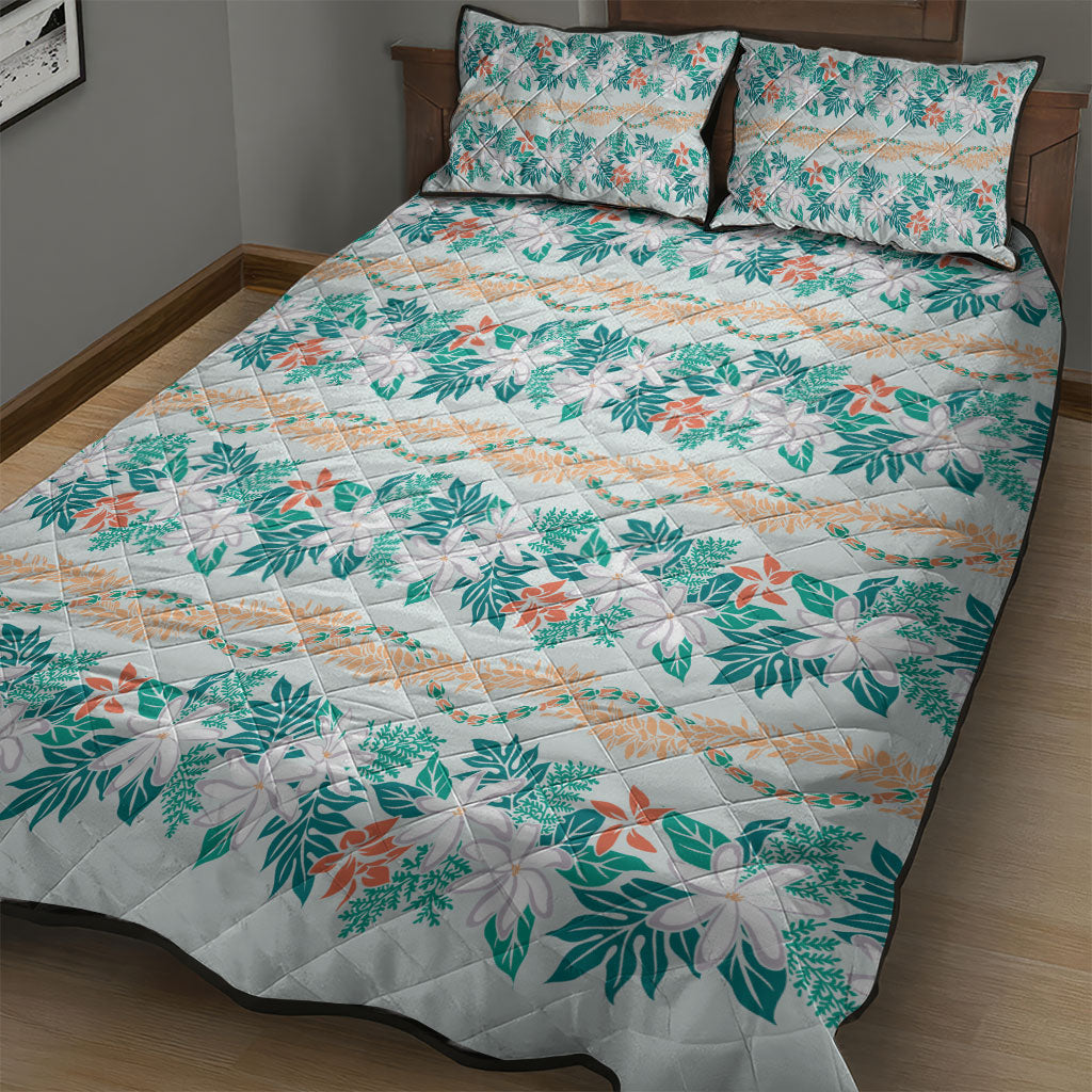 Monstera Tiare Plumeria Lei Pattern Quilt Bed Set Teal Version LT01 - Polynesian Pride