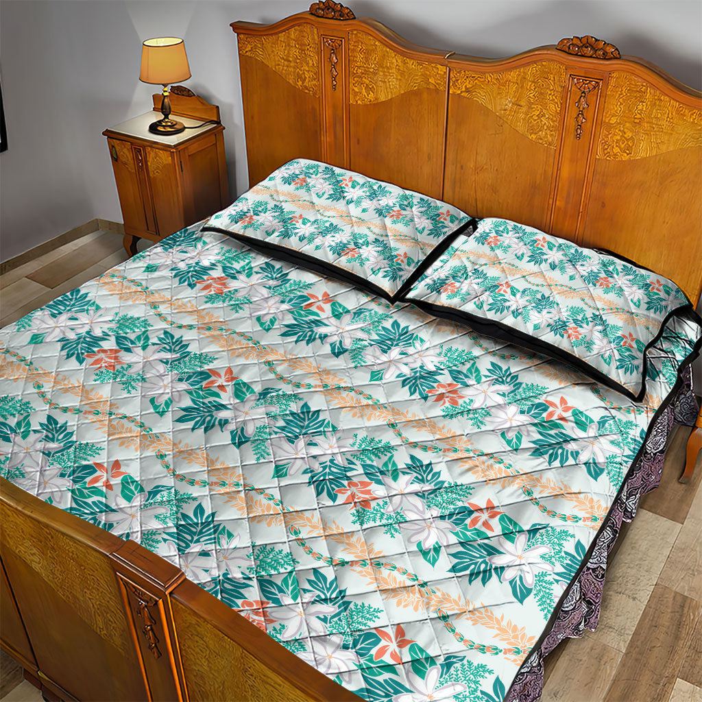Monstera Tiare Plumeria Lei Pattern Quilt Bed Set Teal Version LT01 - Polynesian Pride