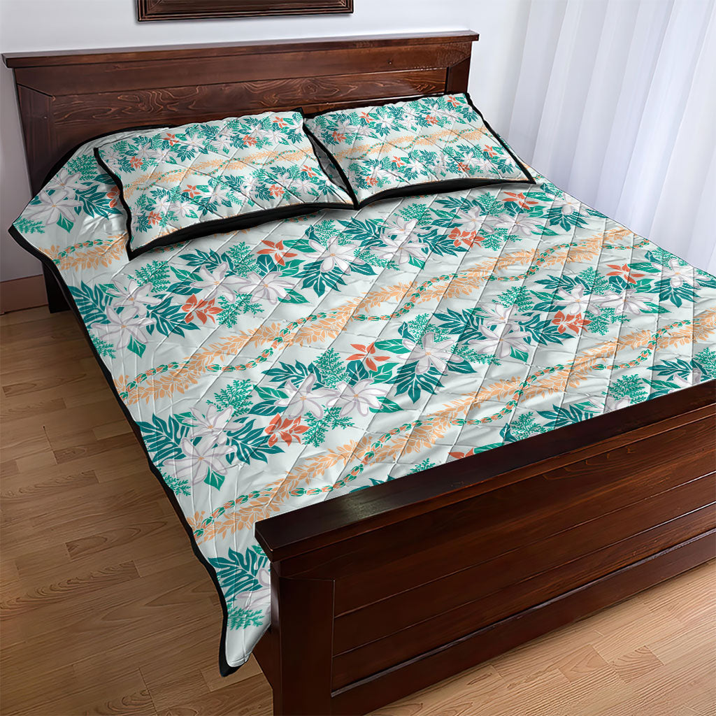 Monstera Tiare Plumeria Lei Pattern Quilt Bed Set Teal Version LT01 - Polynesian Pride