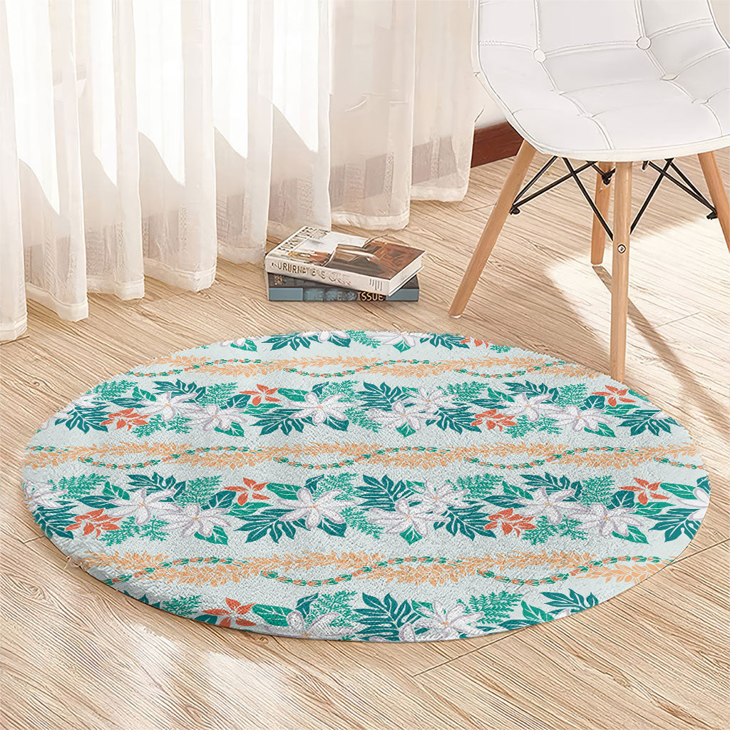 Monstera Tiare Plumeria Lei Pattern Round Carpet Teal Version LT01 - Polynesian Pride