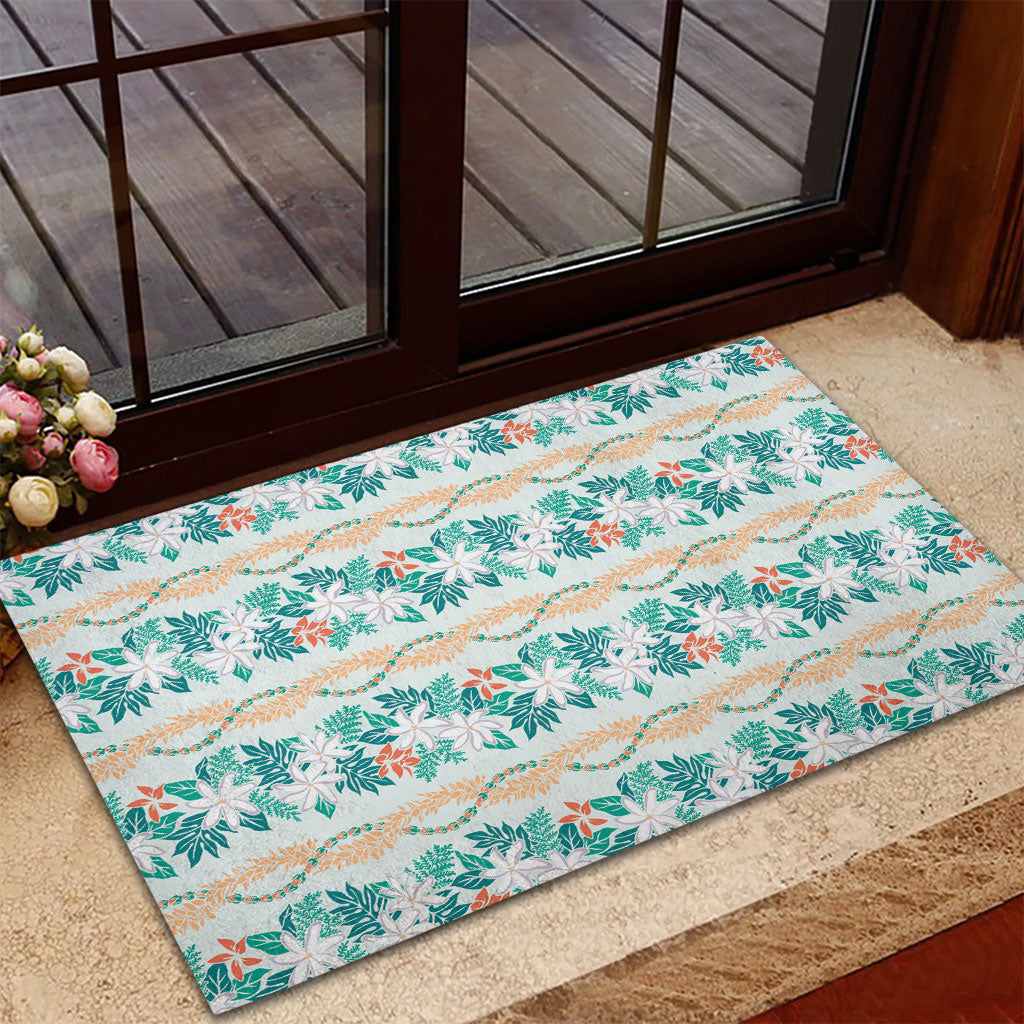 Monstera Tiare Plumeria Lei Pattern Rubber Doormat Teal Version LT01 - Polynesian Pride