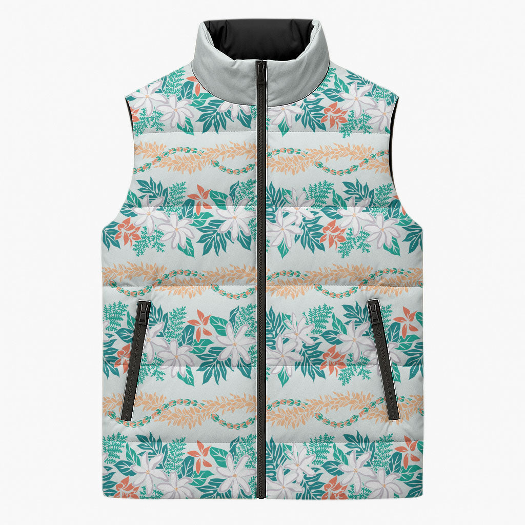 Monstera Tiare Plumeria Lei Pattern Sleeveless Puffer Jacket Teal Version LT01 Unisex Teal - Polynesian Pride
