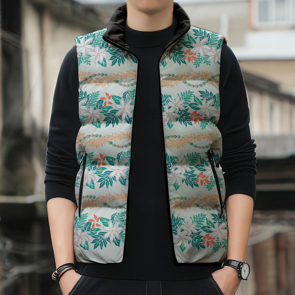 Monstera Tiare Plumeria Lei Pattern Sleeveless Puffer Jacket Teal Version LT01 - Polynesian Pride