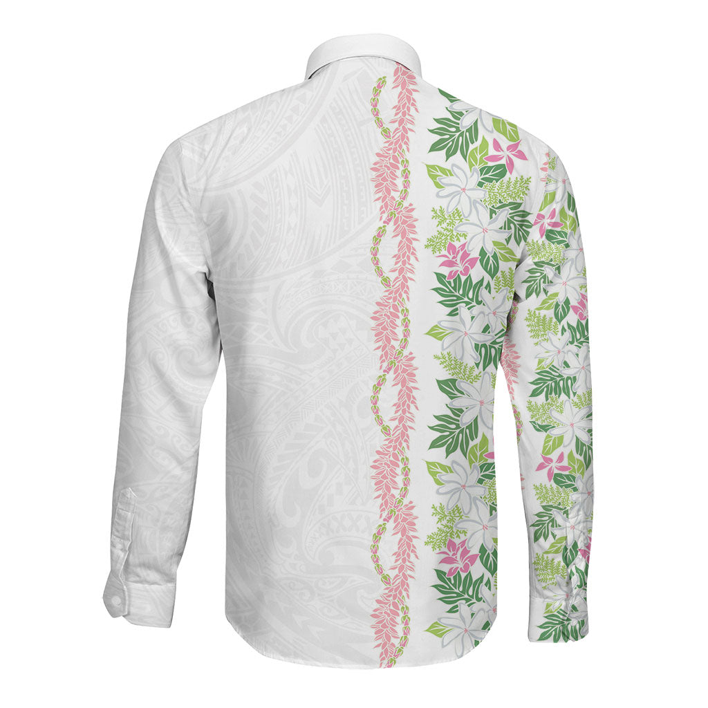 Monstera Tiare Plumeria Long Sleeve Button Shirt Green Polynesian Pattern LT01 - Polynesian Pride