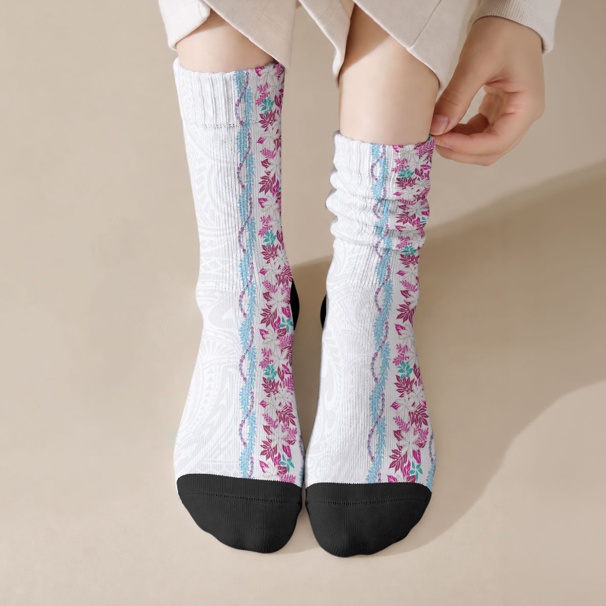 Monstera Tiare Plumeria Crew Socks Pink Polynesian Pattern LT01 Crew Socks Pink - Polynesian Pride