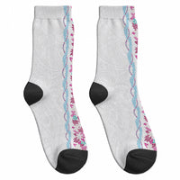 Monstera Tiare Plumeria Crew Socks Pink Polynesian Pattern LT01 - Polynesian Pride