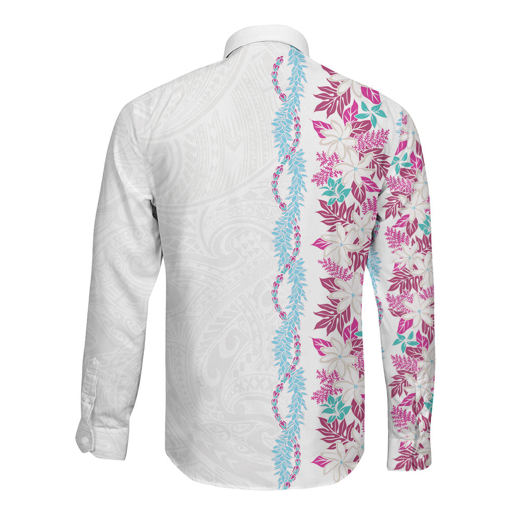 Monstera Tiare Plumeria Long Sleeve Button Shirt Pink Polynesian Pattern LT01 - Polynesian Pride