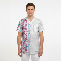 Monstera Tiare Plumeria Scrub Top Pink Polynesian Pattern LT01 - Polynesian Pride