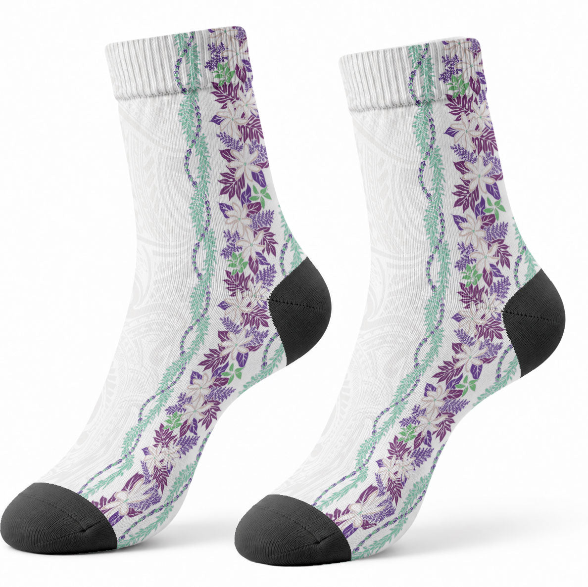 Monstera Tiare Plumeria Crew Socks Purple Polynesian Pattern LT01 - Polynesian Pride