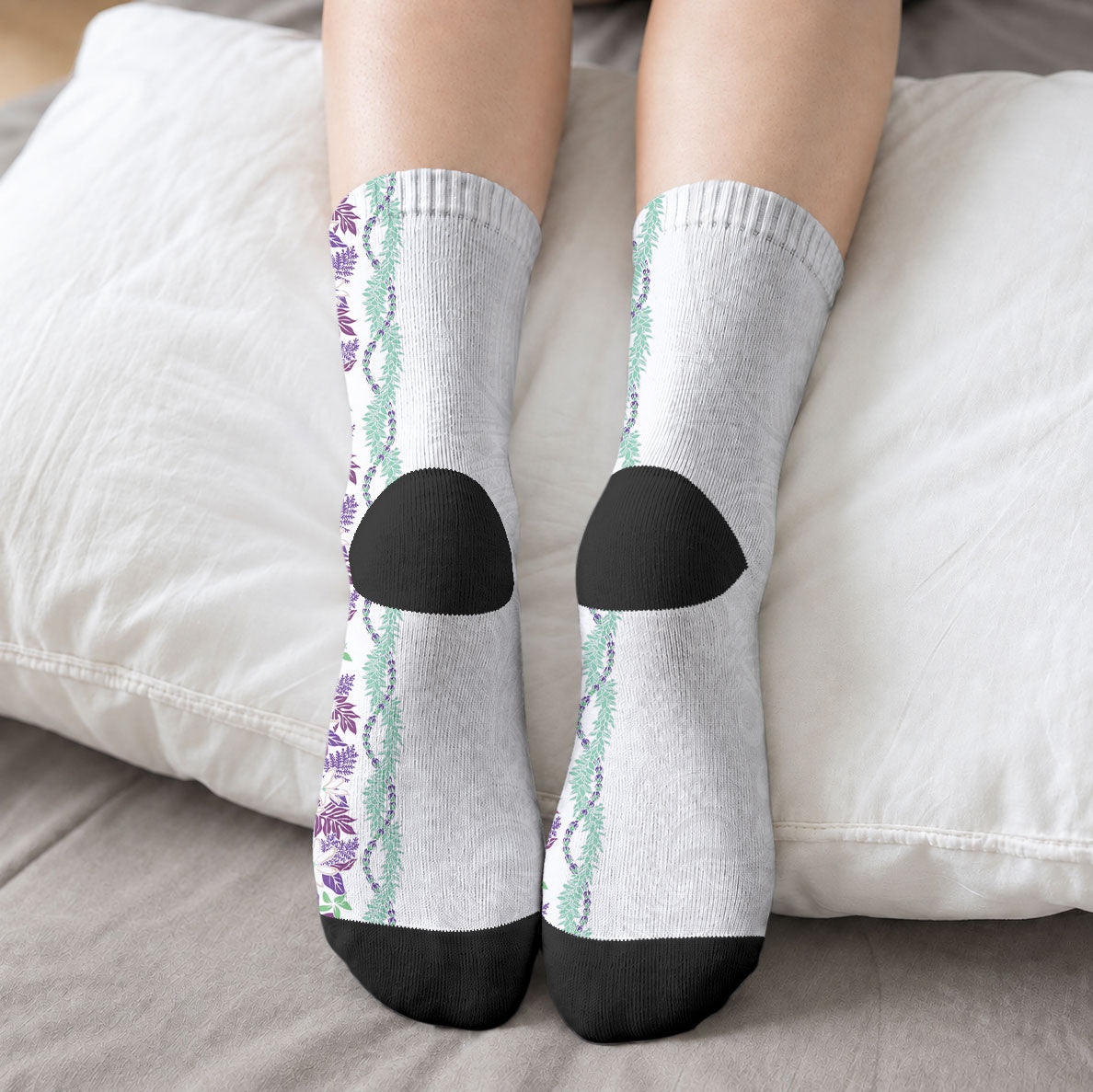 Monstera Tiare Plumeria Crew Socks Purple Polynesian Pattern LT01 - Polynesian Pride