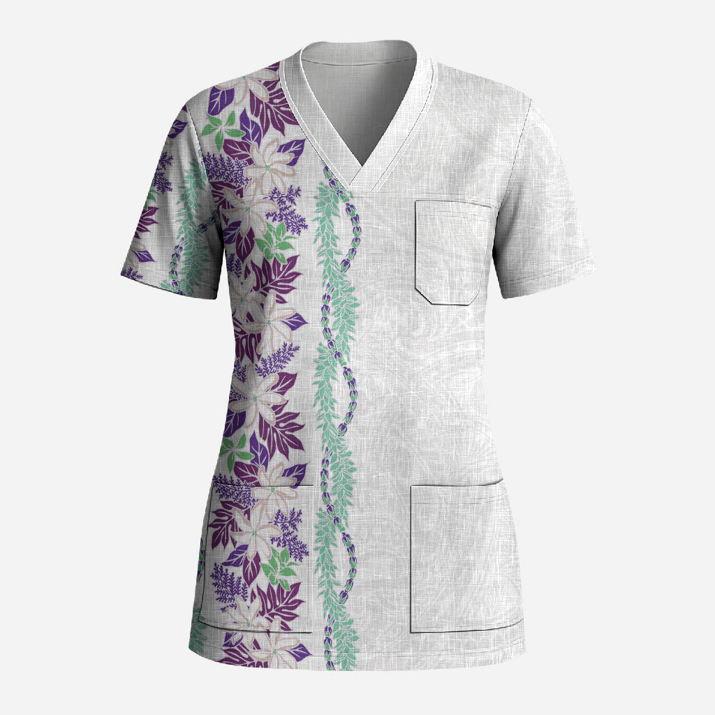 Monstera Tiare Plumeria Scrub Top Purple Polynesian Pattern