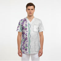 Monstera Tiare Plumeria Scrub Top Purple Polynesian Pattern LT01 - Polynesian Pride