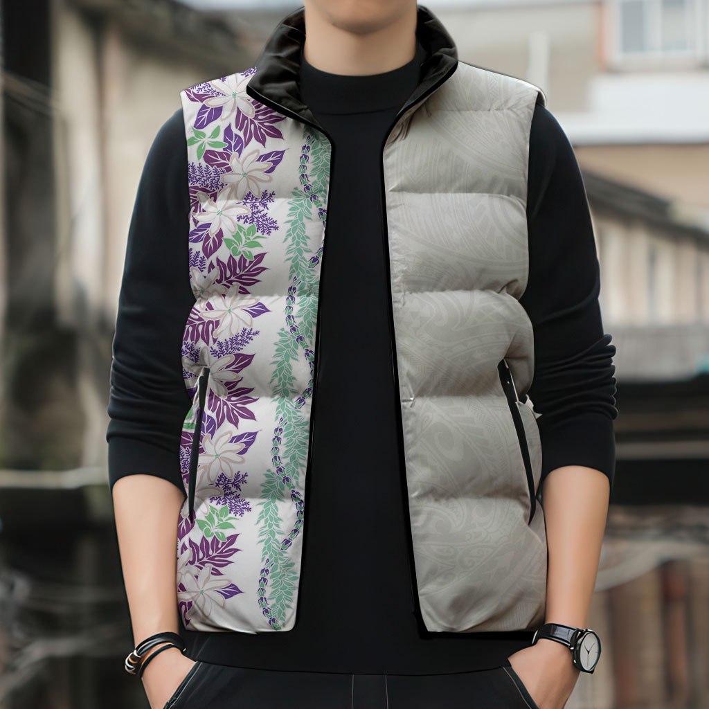 Monstera Tiare Plumeria Sleeveless Puffer Jacket Purple Polynesian Pattern LT01 - Polynesian Pride