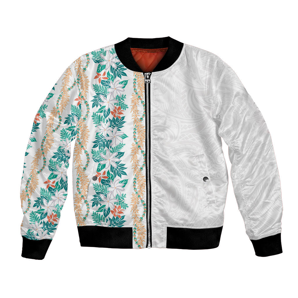 Monstera Tiare Plumeria Bomber Jacket Teal Polynesian Pattern