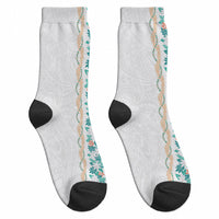 Monstera Tiare Plumeria Crew Socks Teal Polynesian Pattern LT01 - Polynesian Pride