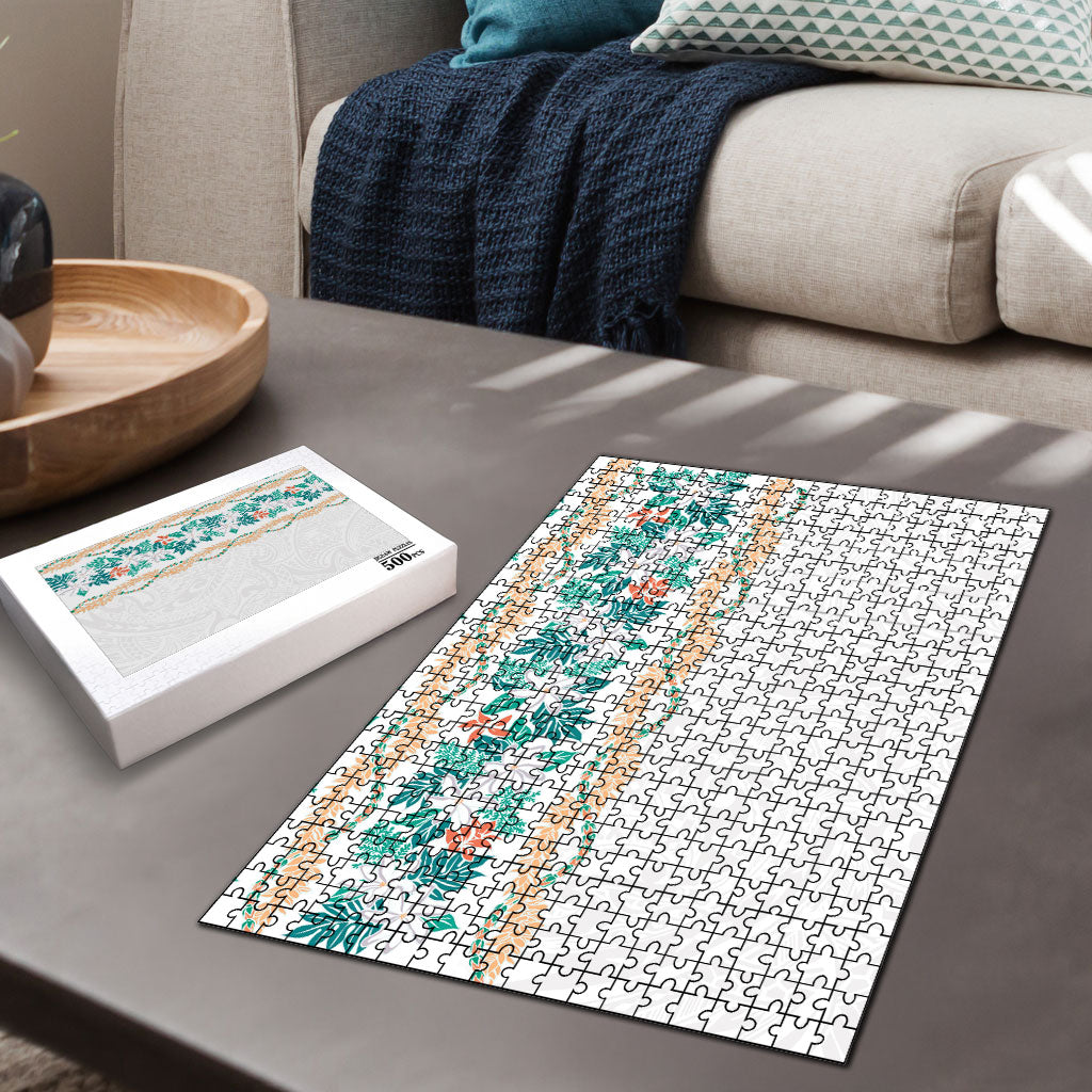 Monstera Tiare Plumeria Puzzle Teal Polynesian Pattern LT01 - Polynesian Pride