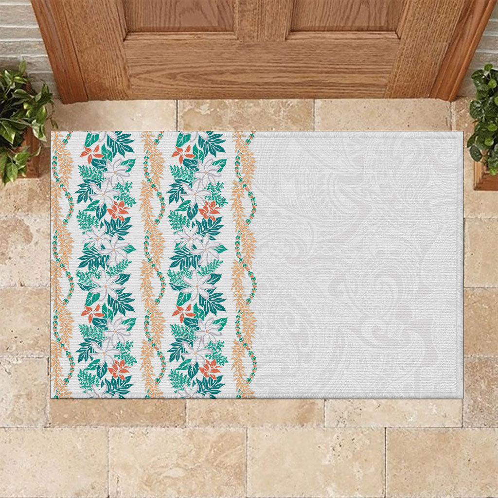 Monstera Tiare Plumeria Rubber Doormat Teal Polynesian Pattern