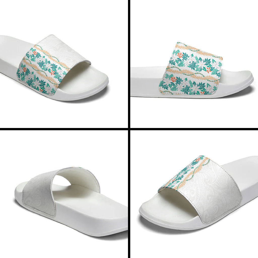 Monstera Tiare Plumeria Slide Sandals Teal Polynesian Pattern LT01 - Polynesian Pride