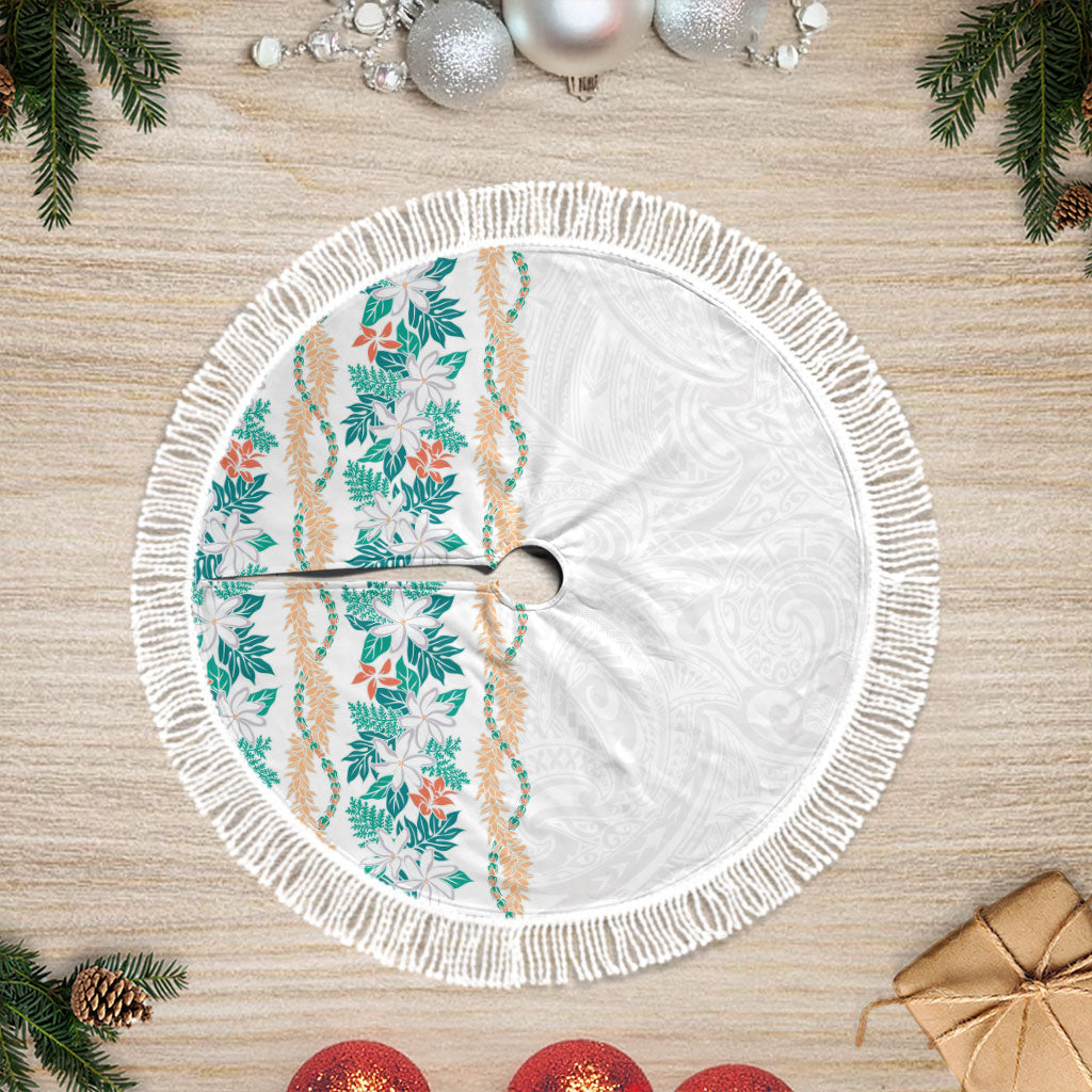Monstera Tiare Plumeria Tree Skirt Teal Polynesian Pattern LT01 Fringed Teal - Polynesian Pride