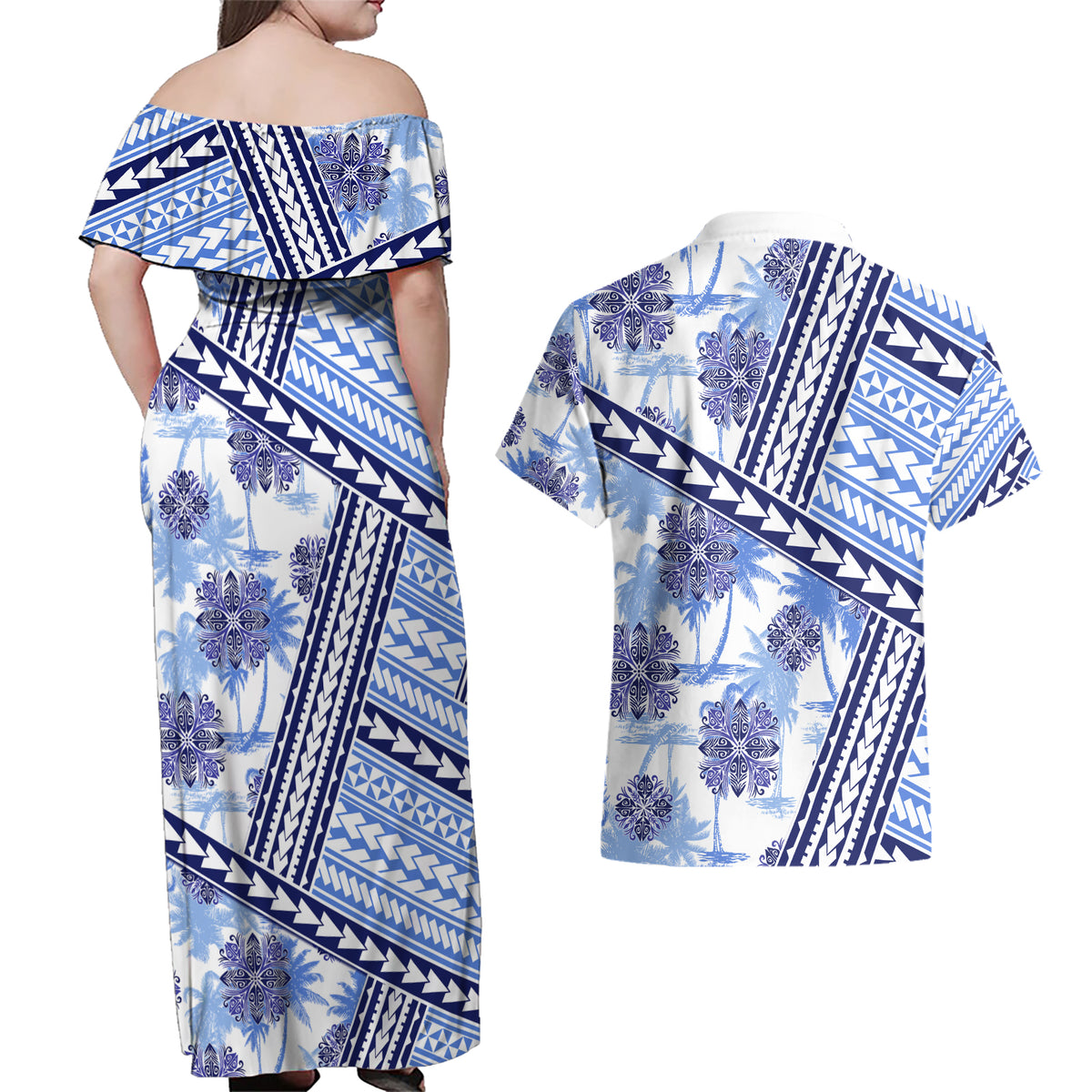 Hawaii Quilt Couples Matching Off Shoulder Maxi Dress and Hawaiian Shirt Kakau Polynesian Pattern Blue Version LT01 - Polynesian Pride